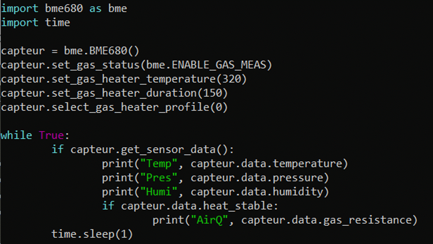 Figure 79 — Exemple de code Python utilisant la carte de capteurs BME680 et sa bibliothèque